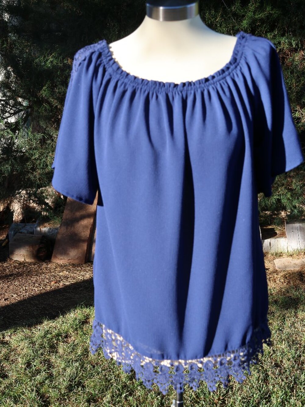 Blue Lace On or Off-the-Shoulder Pullover Top